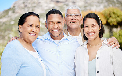 Buy stock photo Happy, nature and people with senior parents on vacation for exploring, bonding or family time. Smile, outdoor and portrait of adult children hugging elderly mother and father on retirement holiday.