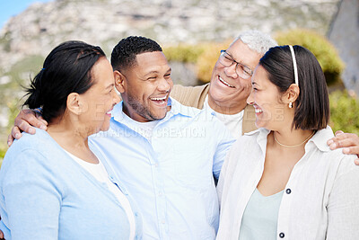 Buy stock photo Laugh, nature and people with senior parents on vacation for exploring, bonding or family time. Happy, outdoor and portrait of adult children hugging elderly mother and father on retirement holiday.