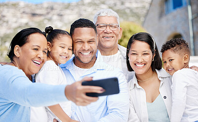 Buy stock photo Grandparents, parents and children for selfie, outdoor and happy in big family on vacation in summer. People, kids and smile for memory, photography and profile picture for social network in Mexico