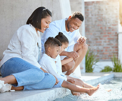 Buy stock photo Parents, children and feet in swimming pool with smile, splash and relax on ground in summer at family house. Mother, father and kids by water in backyard with bonding, love and connection in Mexico