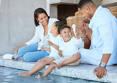 Buy stock photo Parents, children and happy at poolside with ice cream, laugh or relax on ground in summer at family house. Mother, father and kids with feet in swimming pool for gelato, love or connection in Mexico