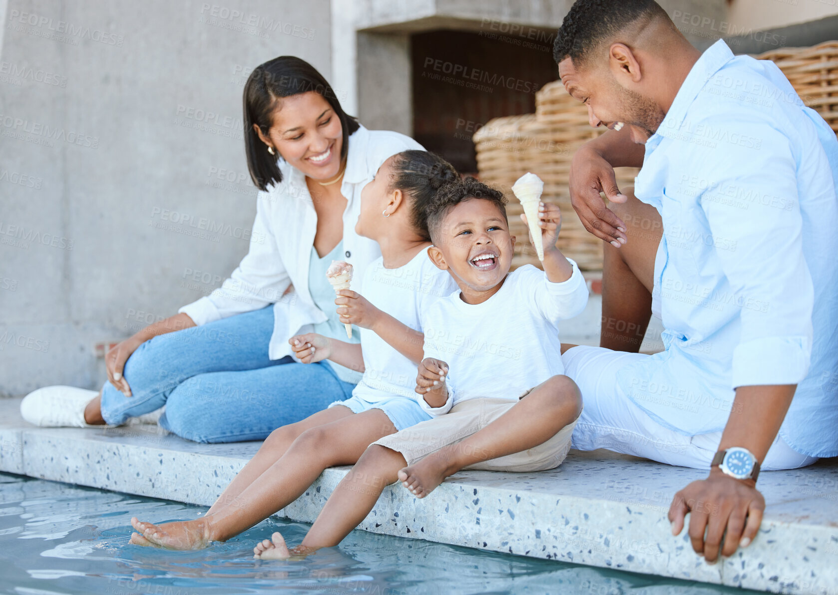 Buy stock photo Parents, children and happy at poolside with ice cream, laugh or relax on ground in summer at family house. Mother, father and kids with feet in swimming pool for gelato, love or connection in Mexico