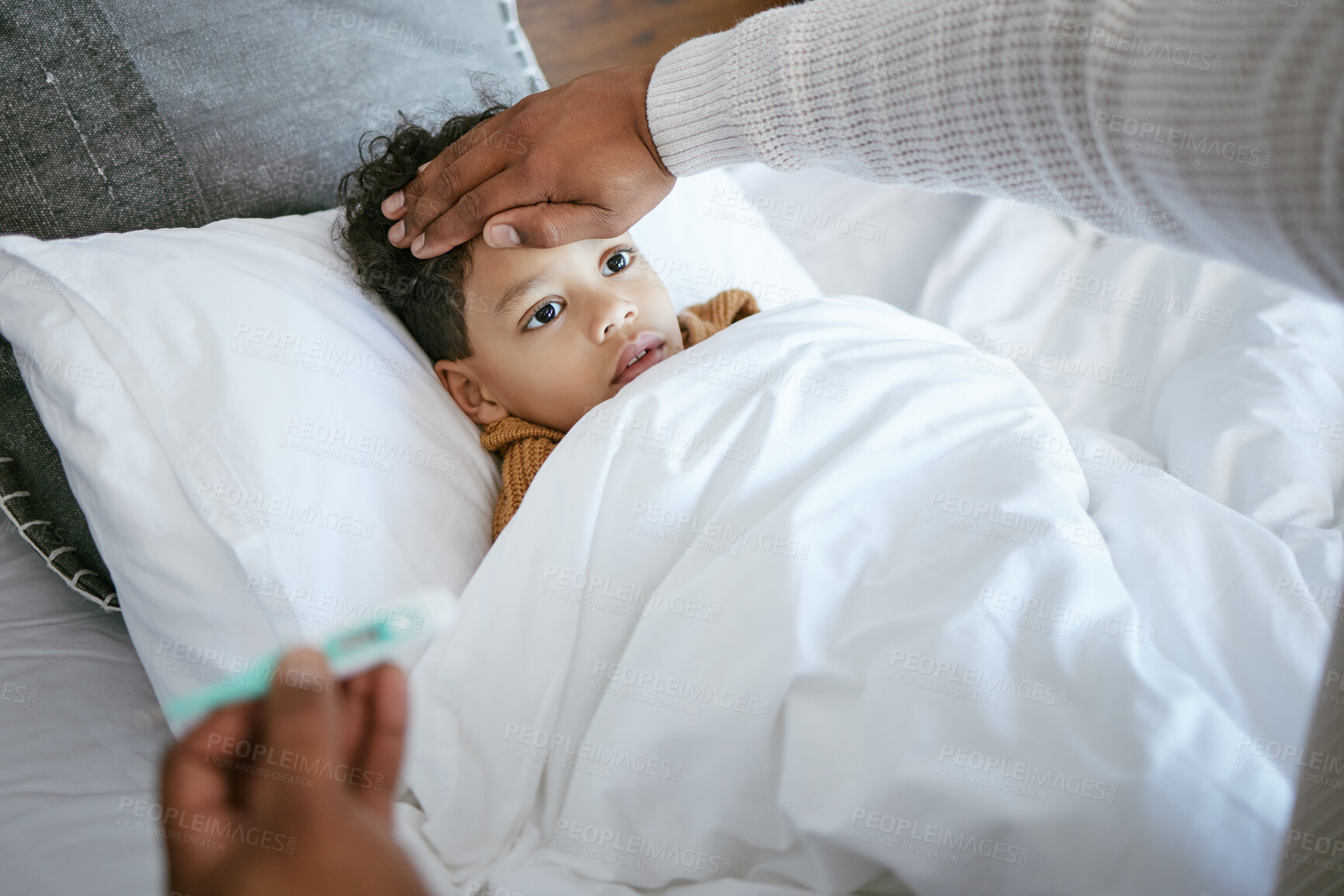 Buy stock photo Sick, kid and parent in bed with temperature for cold, flu or infection in home for child healthcare. Illness, person and boy in bedroom checking fever with thermometer, recovery and homecare health.