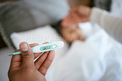 Buy stock photo Sick, kid and parent in bed with thermometer for cold, flu or infection in home for child healthcare. Illness, person and boy in bedroom checking fever with temperature, recovery and homecare health.