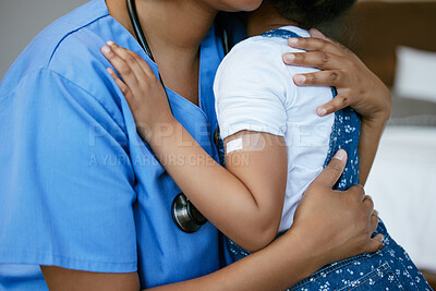 Buy stock photo Healthcare, nurse and child with plaster in hospital for vaccine, immune booster and hug for comfort. Medical, professional and embrace kid with bandage for injection, wellness checkup or appointment