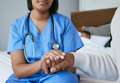 Buy stock photo Holding hands, home and nurse with patient for support at healthcare consultation or discussion. Hope, medical and caregiver with person for checkup, treatment or diagnosis at nursing facility.