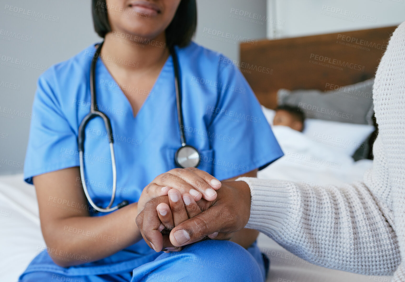 Buy stock photo Holding hands, home and nurse with patient for support at healthcare consultation or discussion. Hope, medical and caregiver with person for checkup, treatment or diagnosis at nursing facility.