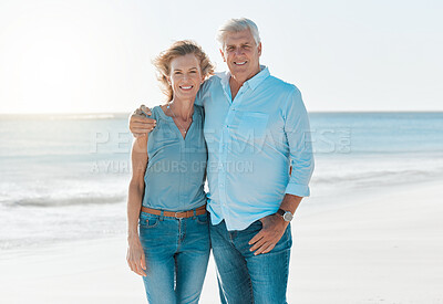 Buy stock photo Mature, couple and beach with portrait on vacation hold for happiness or travel in summer. Senior, woman and man hug at the ocean on holiday in the outdoor with smile and sun for retirement. 