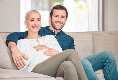 Buy stock photo Pregnancy, portrait and couple with love, home and bonding together with happiness in lounge. Apartment, pregnant woman and man with smile, care and wellness with maternity, relationship and stomach