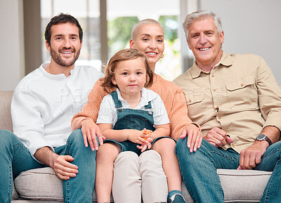 Buy stock photo Portrait of s family bonding on the sofa at home