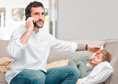 Buy stock photo Shot of a father calling the doctor for his sick daughter using his smartphone
