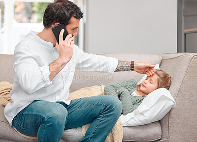 Buy stock photo Shot of a father calling the doctor for his sick daughter using his smartphone