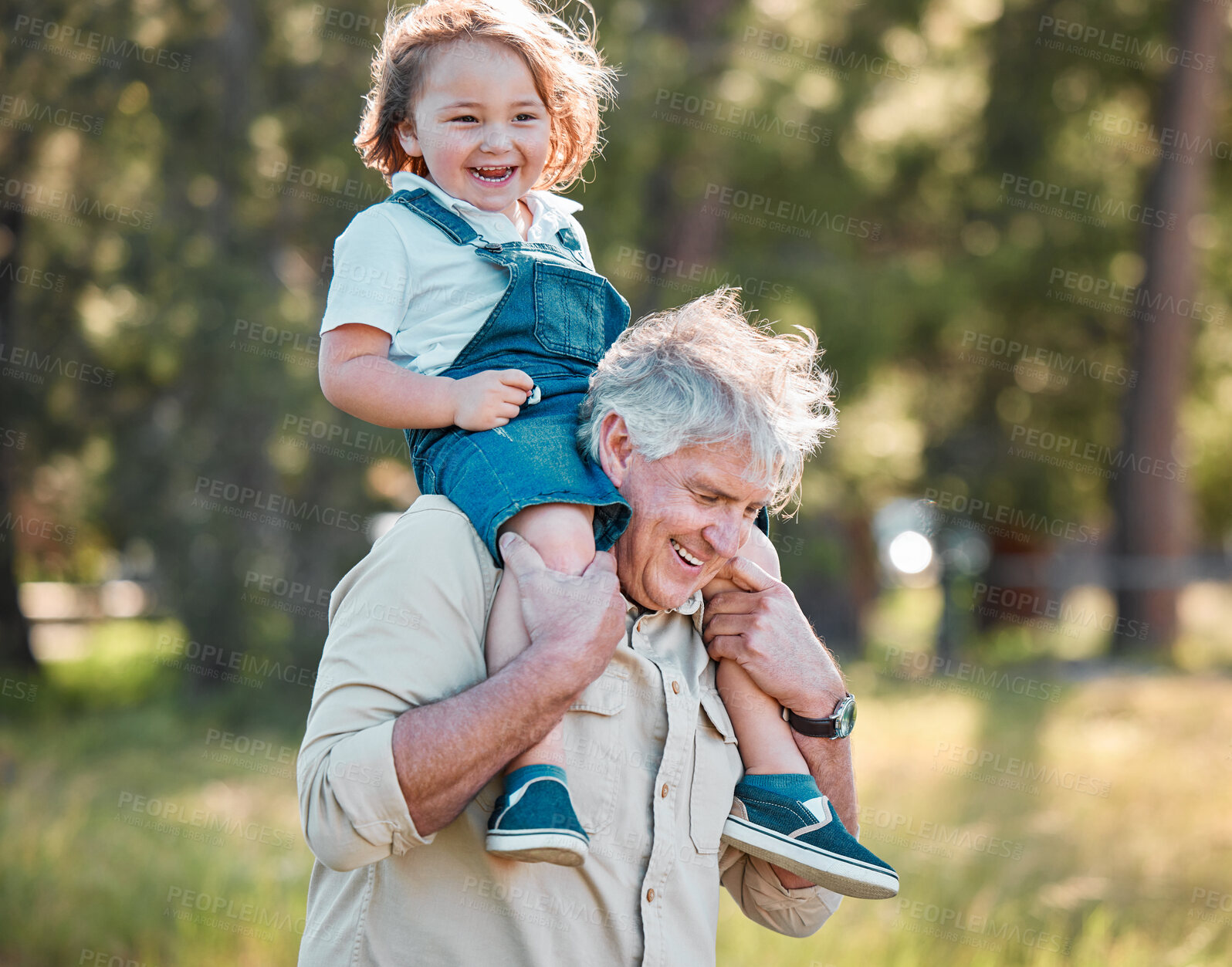 Buy stock photo Carry, laughing or shoulders with boy and grandfather outdoor in nature together for bonding. Funny, love or smile with happy senior man and grandchild walking in garden or park for relationship