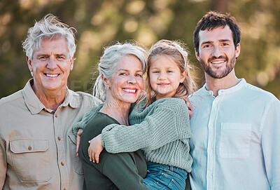 Buy stock photo Generations, family and happy in garden on portrait for gathering, visit and bonding in Germany. People, dad and grandparents with girl for support with smile for care, trust and unity on break