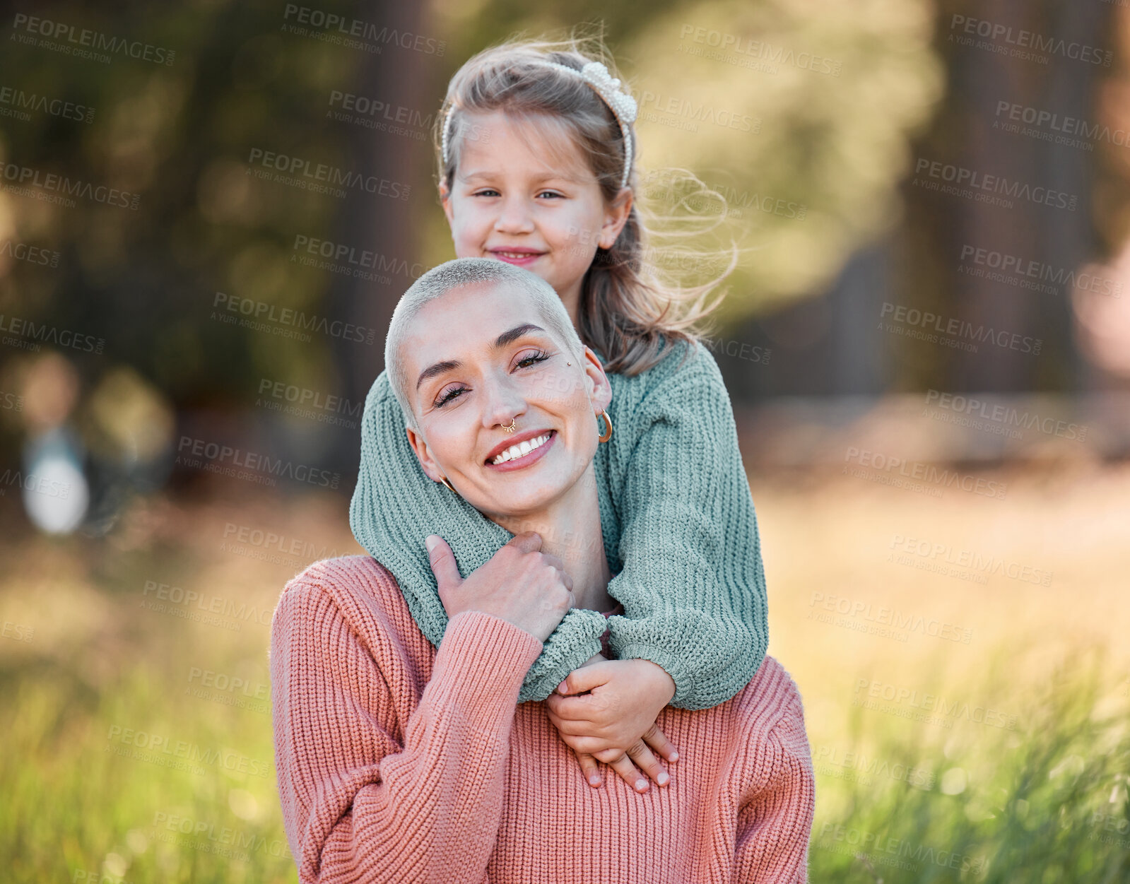 Buy stock photo Portrait, hug and outdoor with mom, girl and smile with happiness, bonding together and mother. Face, embrace and family with single parent, mama and daughter with nature, journey and adventure