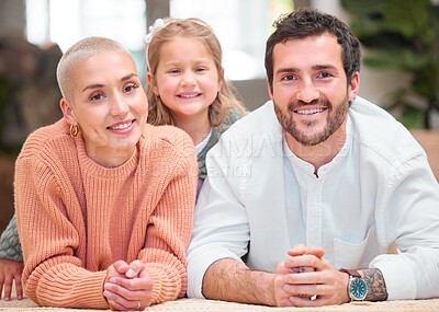 Buy stock photo Parents, girl and happy on floor at home for bonding, fun and support in Canada. Family, people and kid on portrait in living room for care, playful and relax on break with smile for fun and love