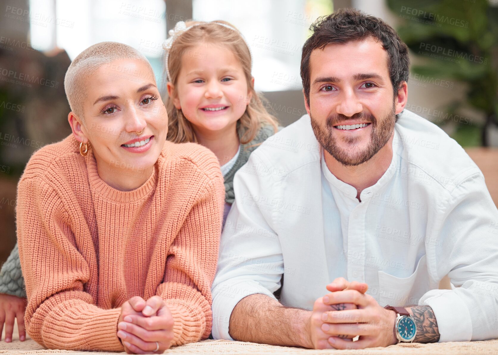 Buy stock photo Parents, girl and happy on floor at home for bonding, fun and support in Canada. Family, people and kid on portrait in living room for care, playful and relax on break with smile for fun and love