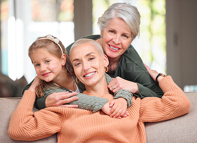 Buy stock photo Women, generations and family with happiness on sofa at home for support, care and bonding in Germany. People, mother and grandmother with girl on portrait in living room for visit, break and relax