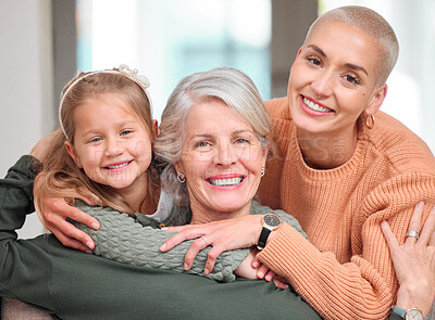 Buy stock photo Women, generations and family with smile on couch at home for support, care and bonding in Germany. People, mother and grandmother with girl child on portrait in living room for visit, break or relax