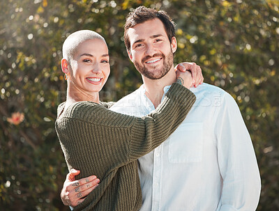 Buy stock photo Happy couple, portrait and holiday hug in nature, outdoor love and proud of security in relationship. People, care and weekend to countryside for bonding, park and embrace on vacation in Florence