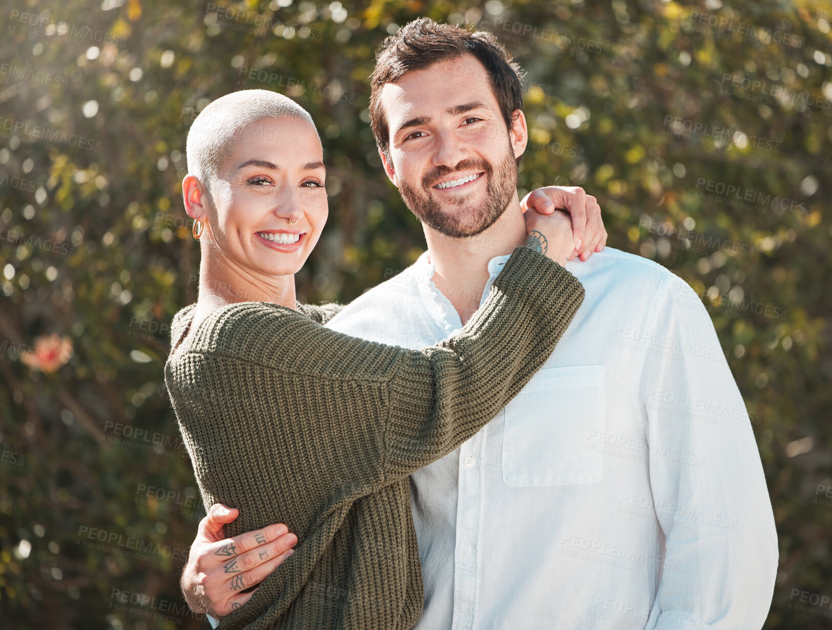 Buy stock photo Happy couple, portrait and holiday hug in nature, outdoor love and proud of security in relationship. People, care and weekend to countryside for bonding, park and embrace on vacation in Florence