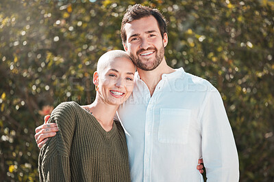 Buy stock photo Happy couple, portrait and vacation hug in nature, outdoor love and proud of security in relationship. People, care and weekend to countryside for bonding, travel and embrace on holiday in Florence