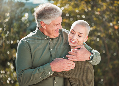 Buy stock photo Family, hug and father with adult daughter, outdoor and smile with happiness, bonding together and care. Nature, single parent and dad with girl, embrace and fun with love, cheerful or joyful in park