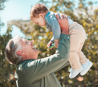 Buy stock photo Old man, child and grandfather playing in nature, outdoor and support grandchild in relationship. Papa, boy and bonding together on holiday in Florence, love and weekend visit with kid on vacation