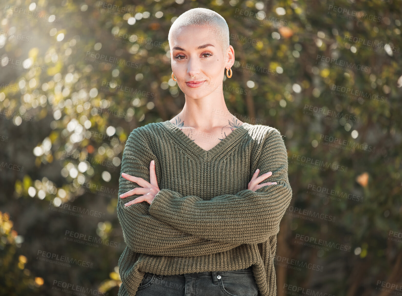 Buy stock photo Portrait, arms crossed and woman in nature for vacation, holiday travel or pride at park. Face, confidence and bald person outdoor for adventure, tourism or relax in countryside on trip in Australia