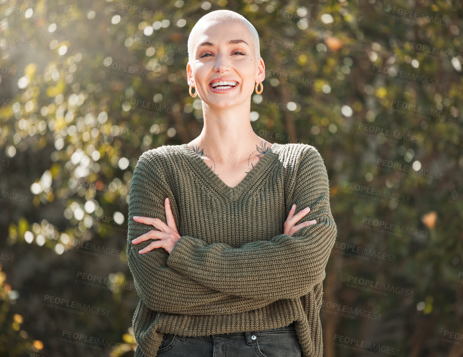 Buy stock photo Portrait, arms crossed and woman laughing at park for vacation, pride or travel on holiday. Face, confidence and bald person outdoor for adventure, tourism and happy in countryside on trip in Germany