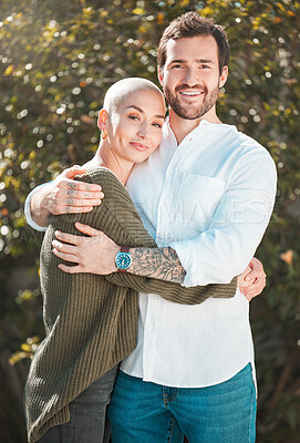 Buy stock photo Happy couple, portrait and holiday hug in garden, outdoor love and proud of security in relationship. People, care and weekend to countryside for bonding, park and embrace on vacation in Florence