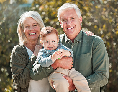 Buy stock photo Grandmother, grandfather and baby for portrait in garden, care or bonding for love in sunshine. Senior man, woman and infant in summer with hug, connection or outdoor in backyard for smile in Germany