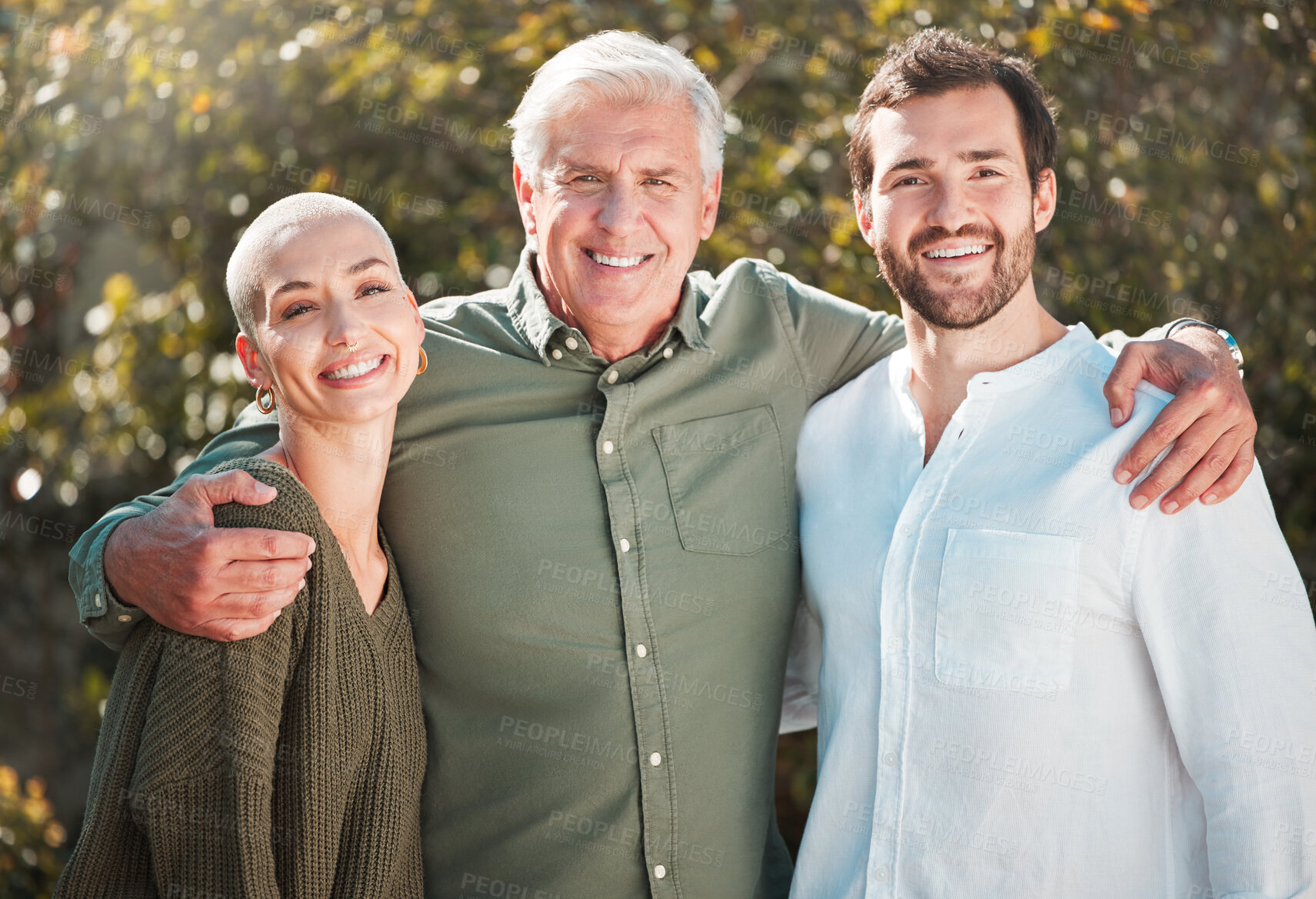 Buy stock photo Senior father, couple and portrait in garden with hug, smile and outdoor with family, care and love. Men, women and embrace with pride, happy and connection in backyard with sunshine in Germany