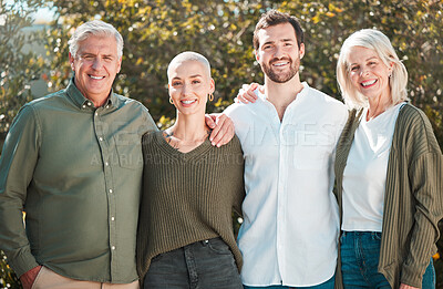 Buy stock photo Senior parents, couple and portrait in garden with hug, smile and outdoor with family, care and love. Men, women and embrace with pride, happy and connection in backyard with sunshine in Germany