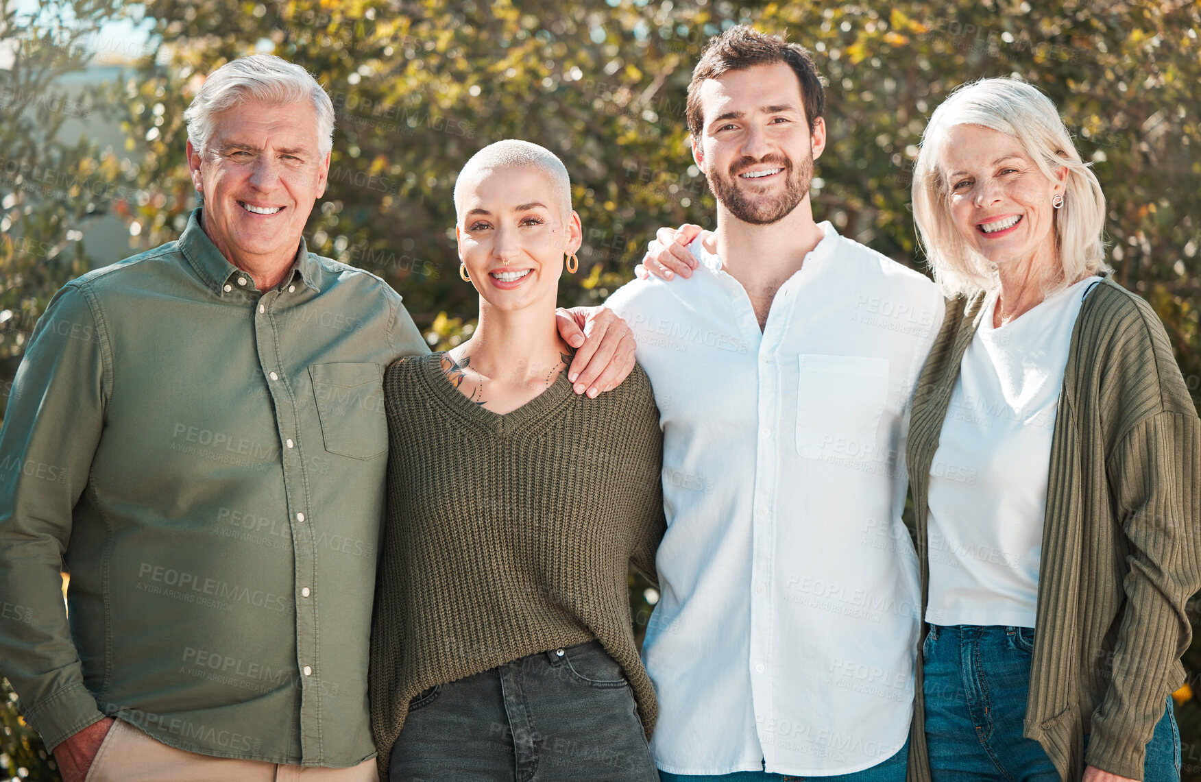 Buy stock photo Senior parents, couple and portrait in garden with hug, smile and outdoor with family, care and love. Men, women and embrace with pride, happy and connection in backyard with sunshine in Germany