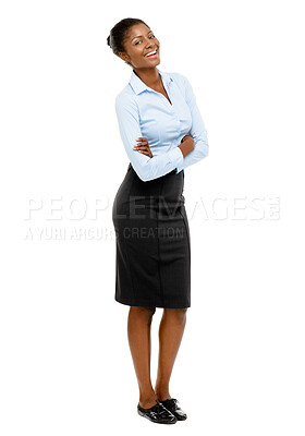 Buy stock photo Business, black woman and portrait with arms crossed in studio for confidence in finance career. Banking consultant, professional person and ready for welcome, about us and happy on white background