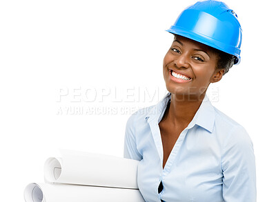 Buy stock photo Architect, woman and portrait with blueprint in studio for industrial project, building development and mockup. Construction, black person and happy with floor plan on white background for inspection