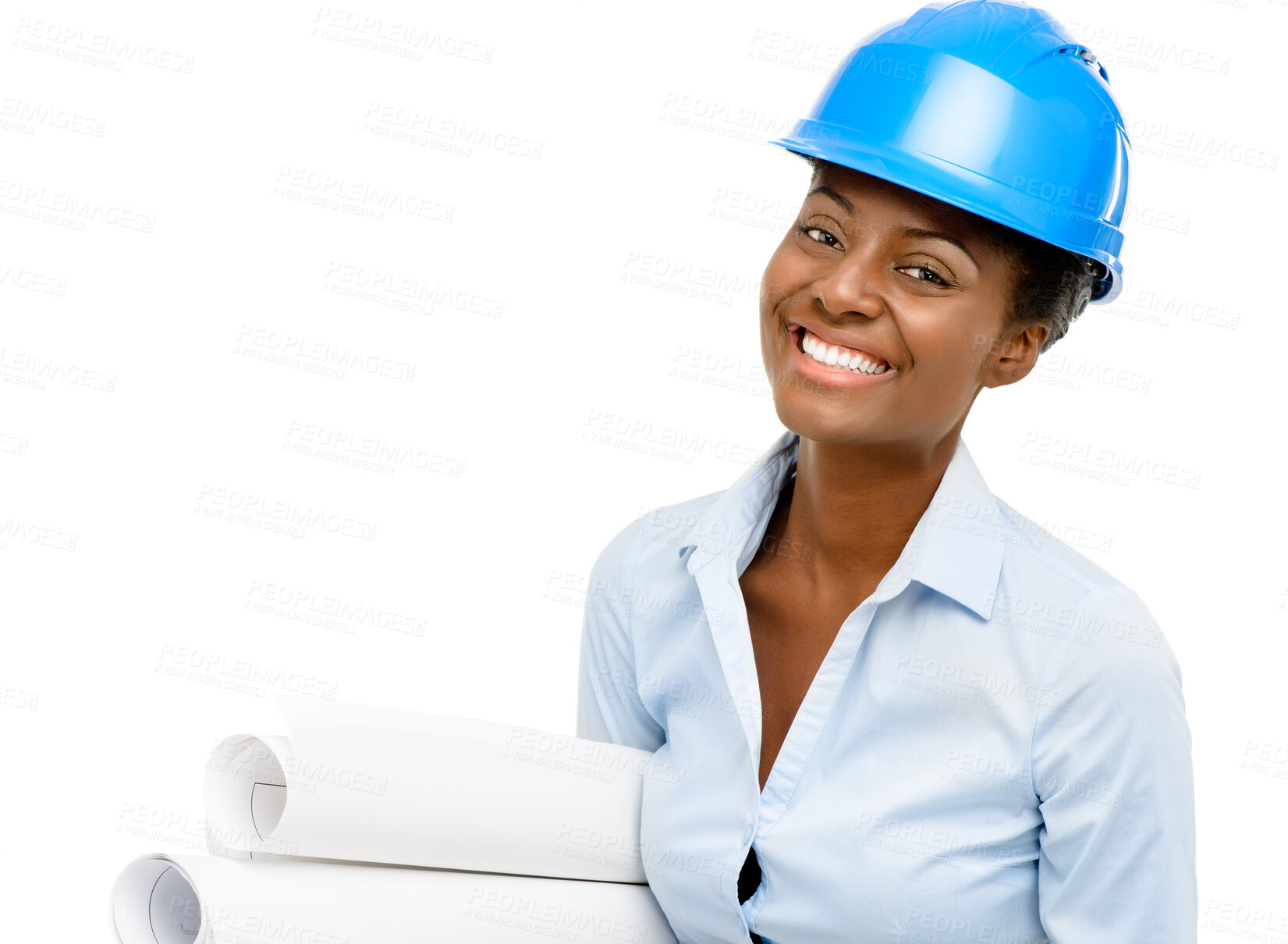 Buy stock photo Architect, woman and portrait with blueprint in studio for industrial project, building development and mockup. Construction, black person and happy with floor plan on white background for inspection