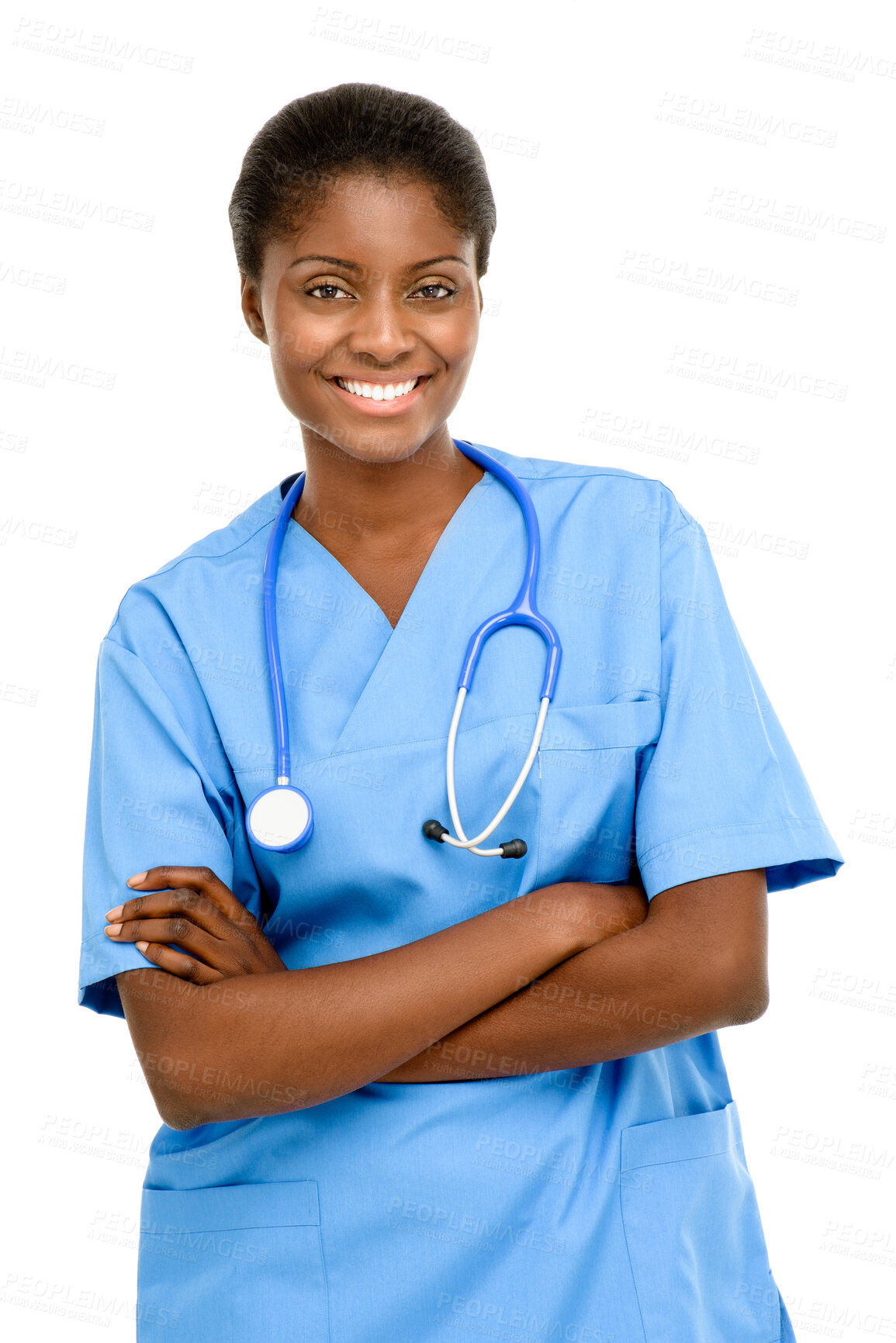 Buy stock photo Portrait, doctor and black woman with arms crossed in white background for healthcare, clinic or hospital. Happy, nurse and medical expert in studio for wellness with confident, support and care