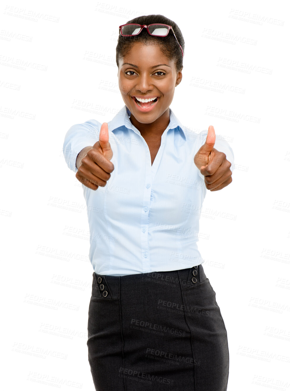 Buy stock photo Business portrait, black woman and thumbs up in studio for success, thank you and yes emoji with smile. Professional, employee and hand gesture for customer support and promotion on white background