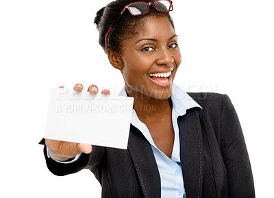 Buy stock photo Business card. lawyer and portrait of woman in studio for information, contact us or details on white background. Attorney, paper and black person with smile for number, legal service or blank space