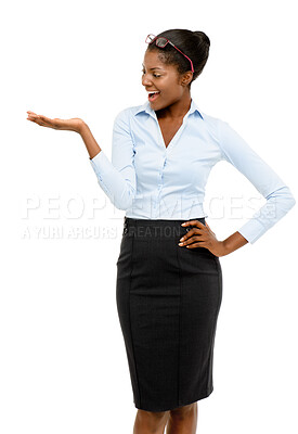 Buy stock photo Smile, studio and black woman showing business announcement, brand deal or offer promotion. Presentation, happy news and businesswoman with product placement, launch and mockup on white background