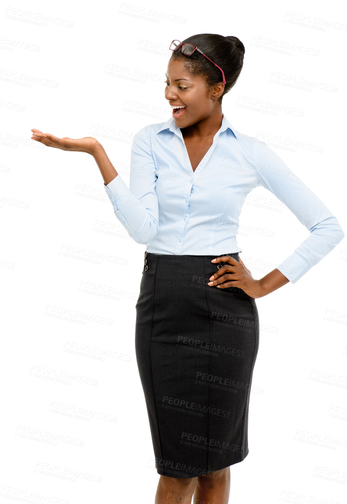 Buy stock photo Smile, studio and black woman showing business announcement, brand deal or offer promotion. Presentation, happy news and businesswoman with product placement, launch and mockup on white background