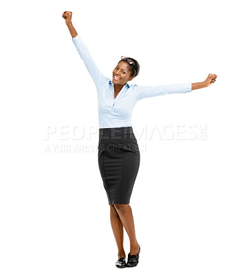 Buy stock photo Portrait, excited and business woman in studio with good news, promotion announcement and success. Professional, corporate and isolated person with arms up, happy and winning on white background