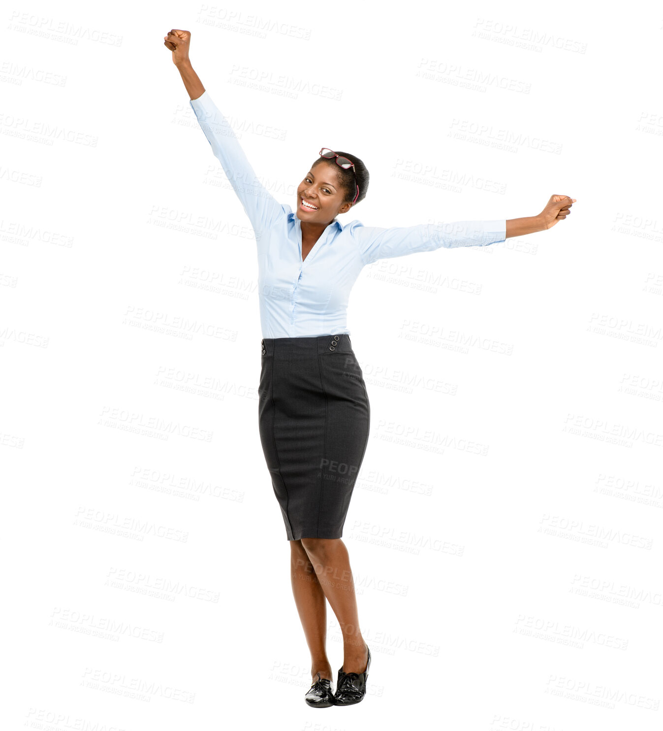 Buy stock photo Portrait, excited and business woman in studio with good news, promotion announcement and success. Professional, corporate and isolated person with arms up, happy and winning on white background