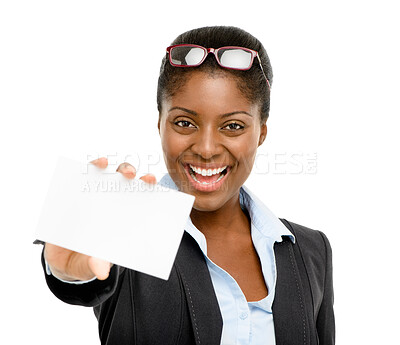 Buy stock photo Business card. mockup and portrait of woman in studio for information, contact us or details on white background. Lawyer, paper and black person with smile for number, legal service or blank space