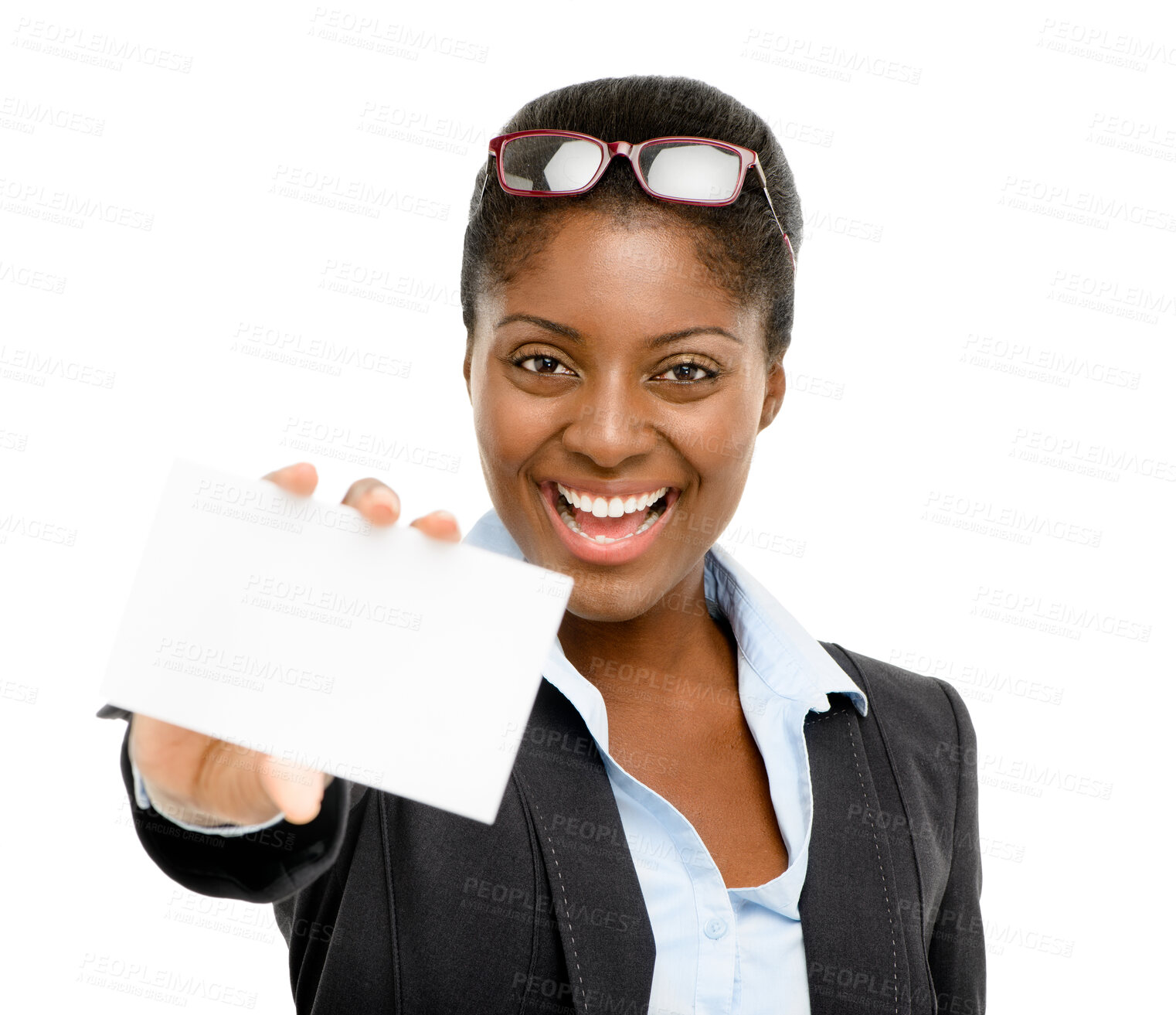 Buy stock photo Business card. mockup and portrait of woman in studio for information, contact us or details on white background. Lawyer, paper and black person with smile for number, legal service or blank space