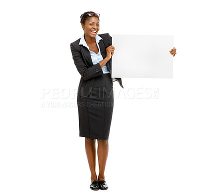 Buy stock photo Business. portrait and black woman with poster in studio for information, announcement or job opportunity on white background. Blank, billboard and person for recruitment, onboarding or we are hiring