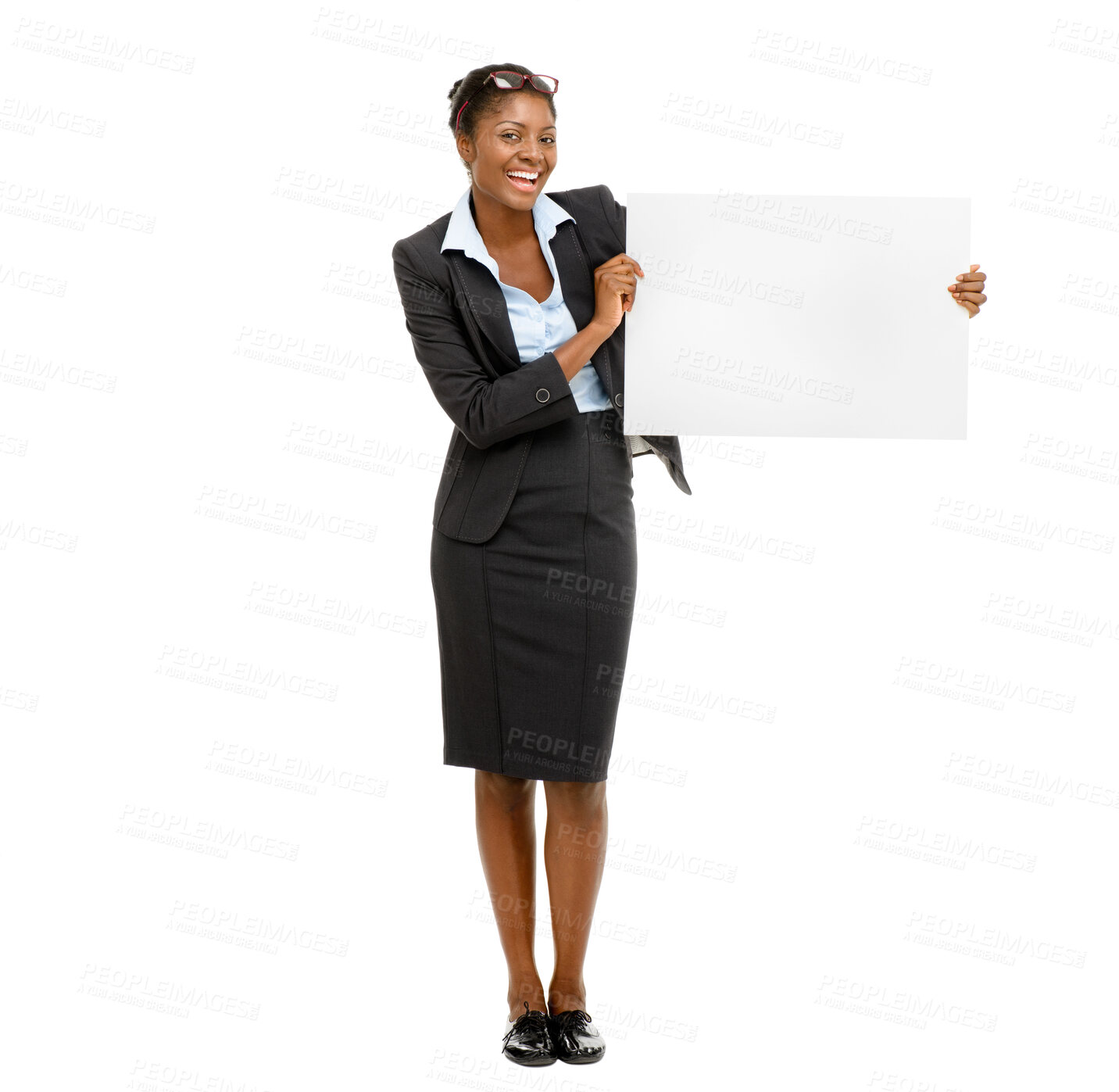 Buy stock photo Business. portrait and black woman with poster in studio for information, announcement or job opportunity on white background. Blank, billboard and person for recruitment, onboarding or we are hiring