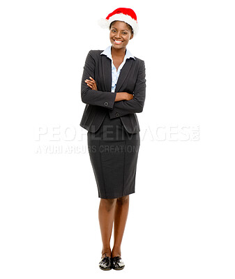 Buy stock photo Christmas hat, business and portrait of woman in studio for holiday, vacation and festive season on white background. Fashion, professional and isolated person for festival, celebrate or office party